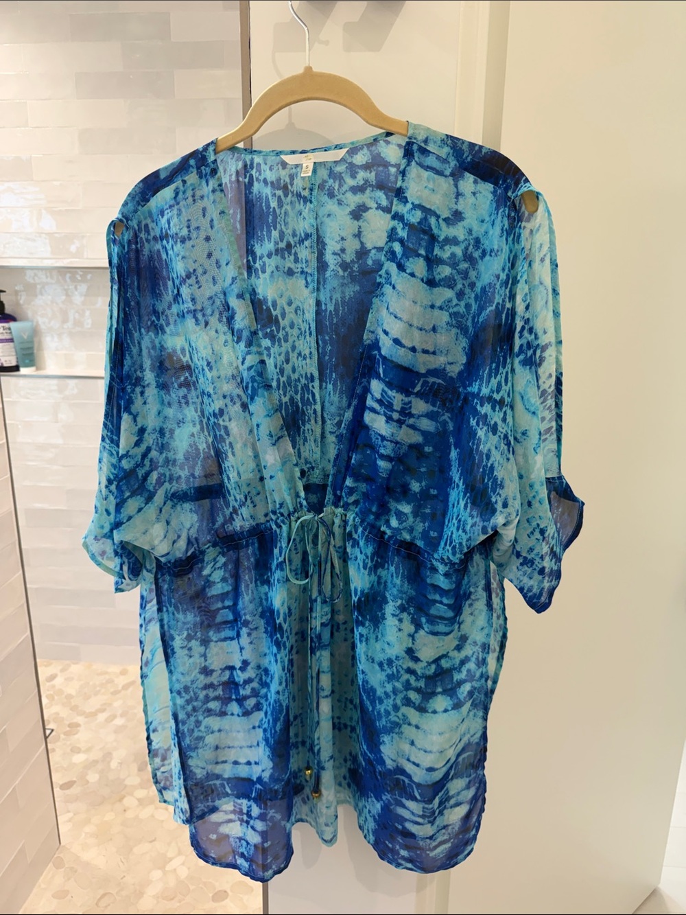 Hawaiian Tropic Womenโs Blue Tie-Dye Sheer Swim Cover-Up